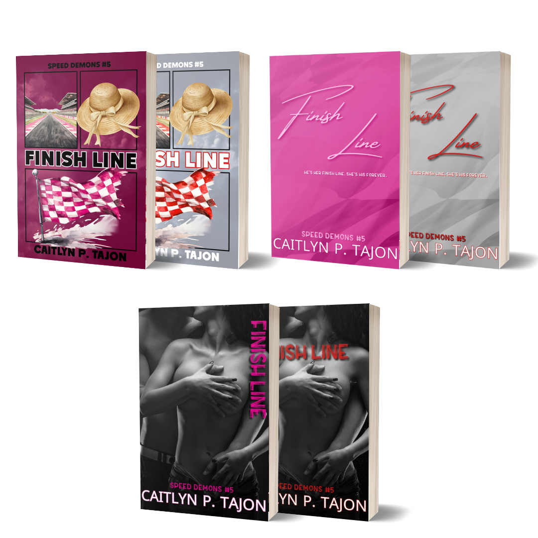 Book covers titled 'Finish Line' with pink and gray background and checkered pattern. Subtitle: 'They're playing with fire, but nothing burns hotter than they do for each other.' Authors: Speed Demons #4.