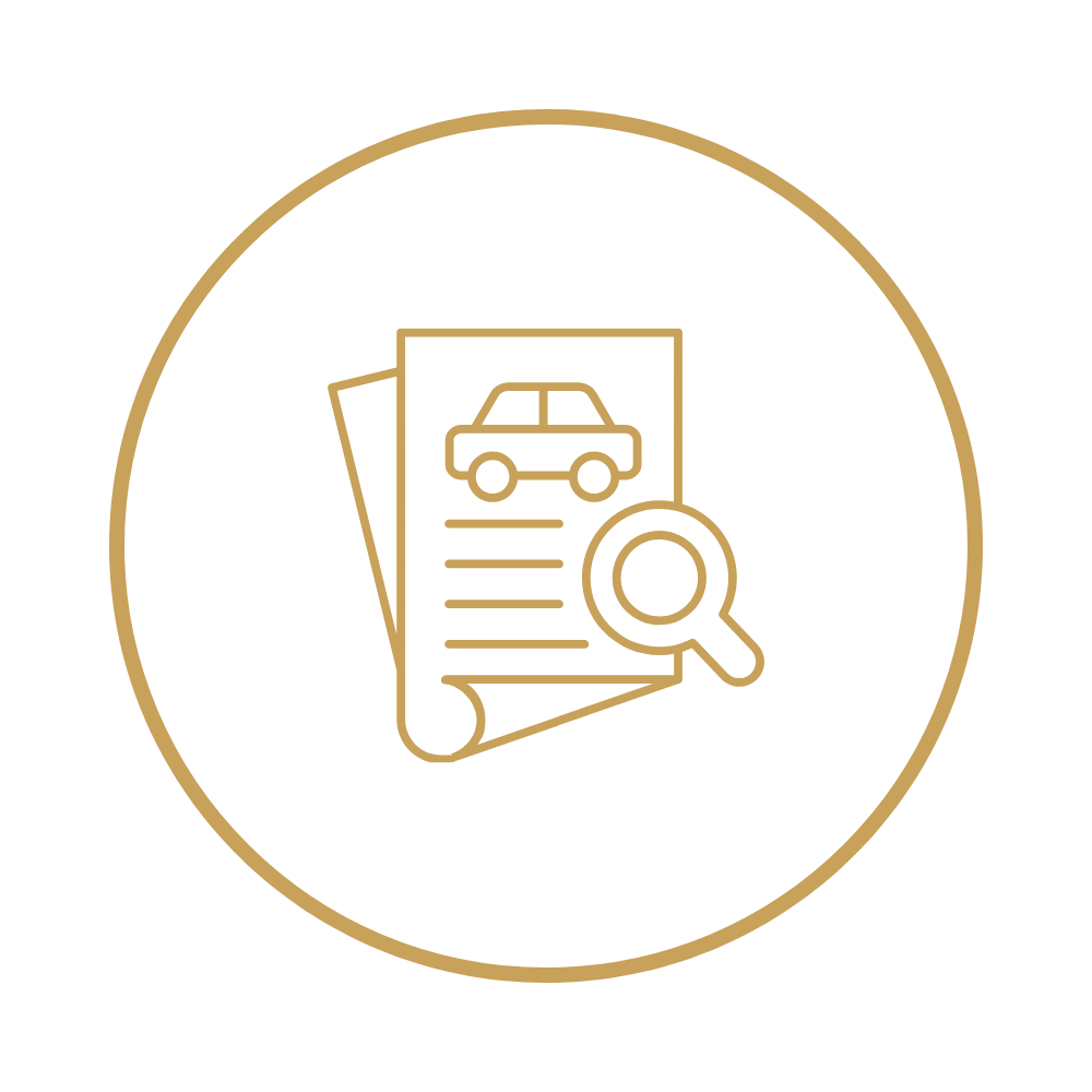 Icon of car documents with a magnifying glass.