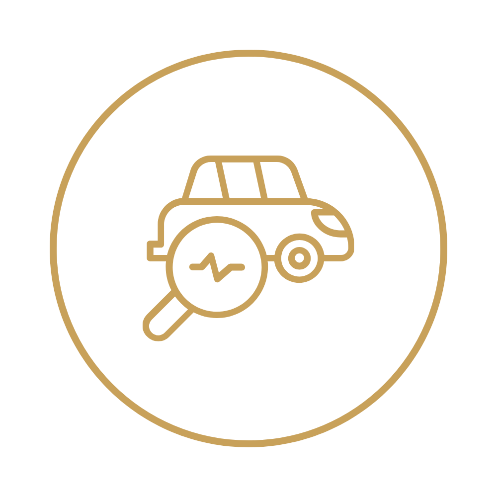 Icon of a car with a magnifying glass showing a heartbeat line
