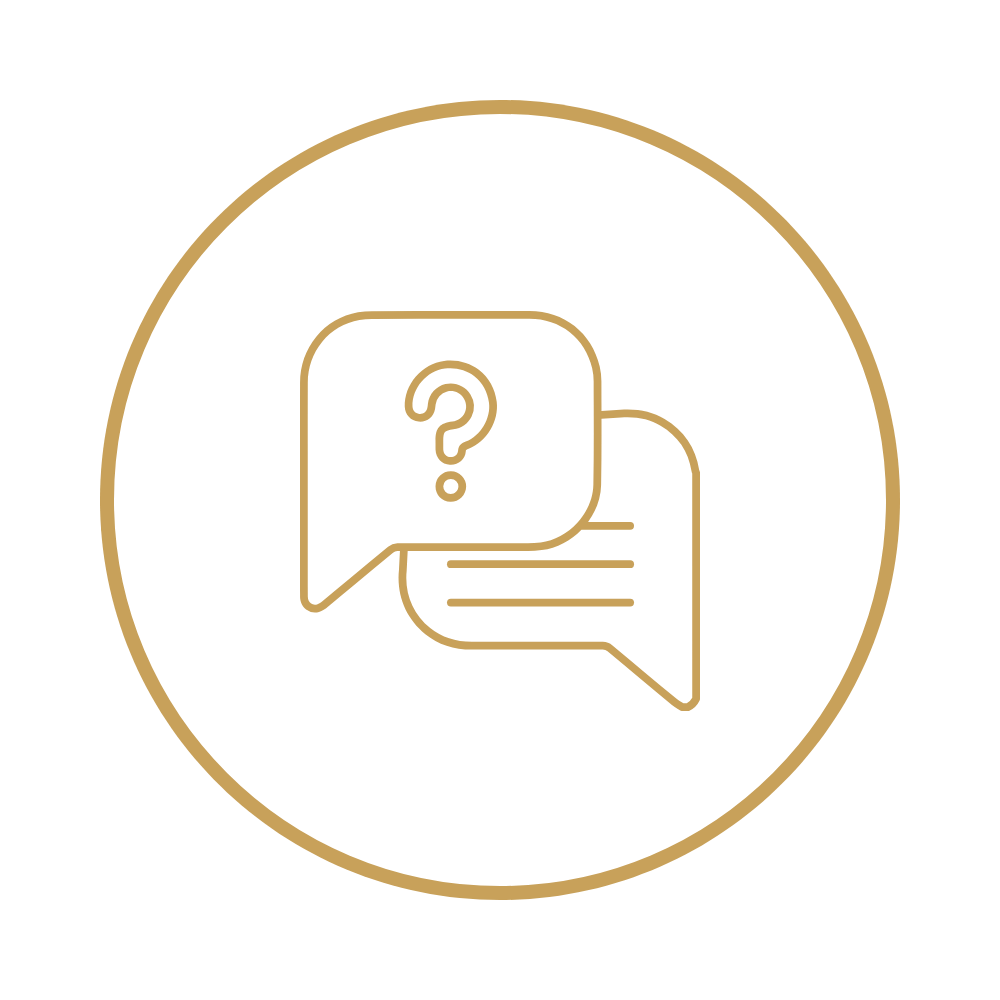 Icon of two overlapping speech bubbles, one with a question mark inside, on a black background with a gold circular border.