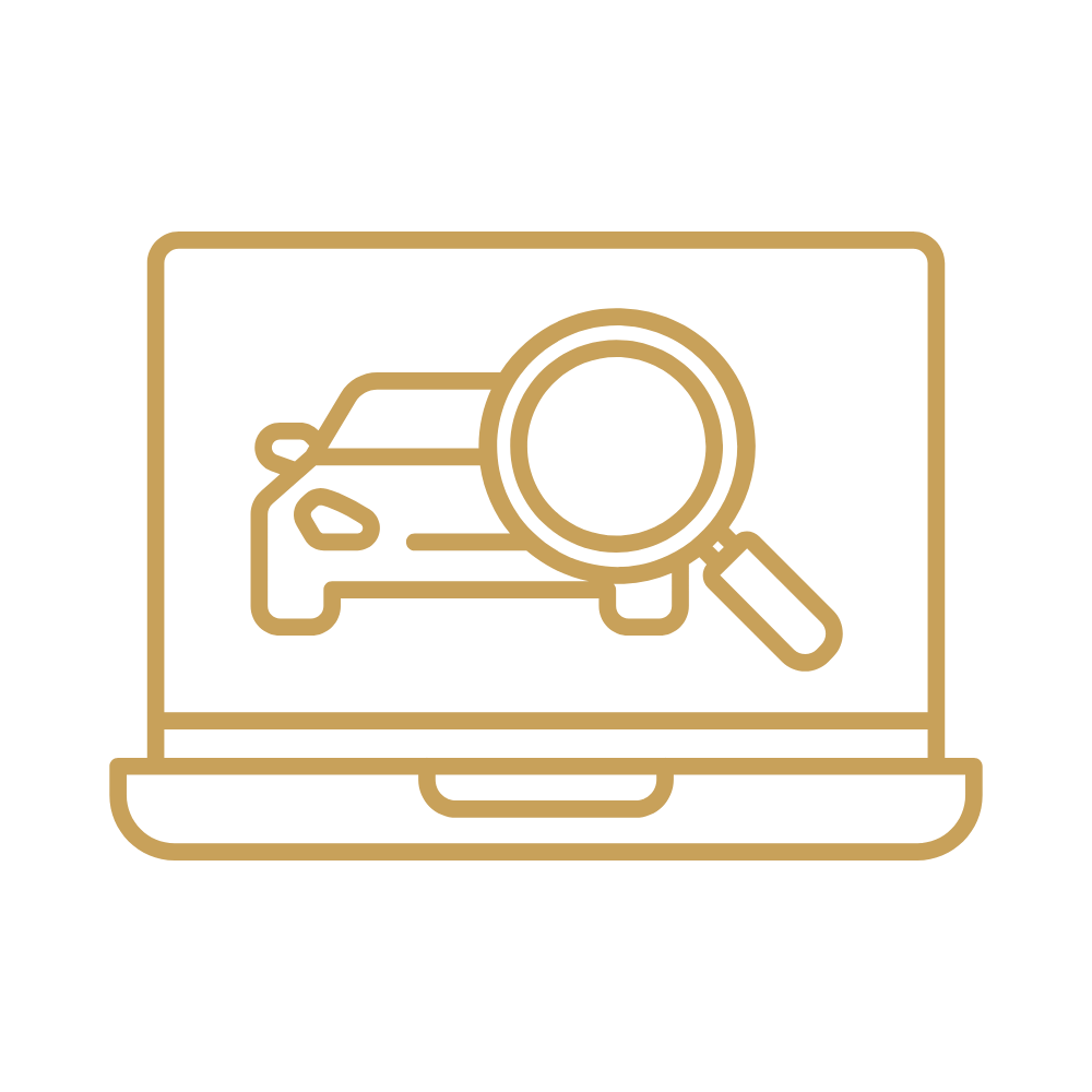 Laptop displaying a car with a magnifying glass symbol, indicating car search or inspection.