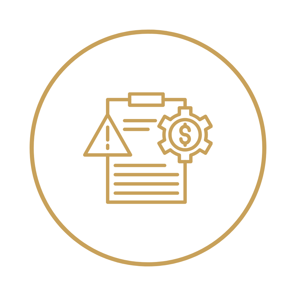 A black circle with a gold outline, containing a stylized document icon, a triangular warning symbol, and a gear with a dollar sign, indicating financial or administrative alert.