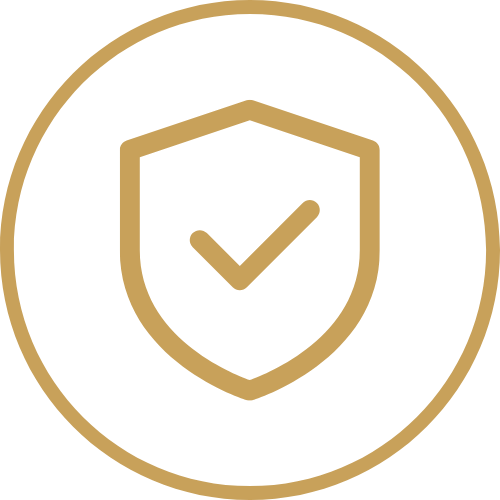 A gold outline of a shield with a check mark inside on a black background, enclosed by a gold circle, symbolizing security or protection.