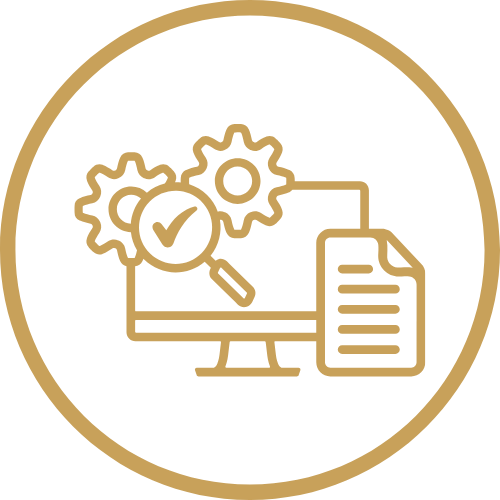 Icon of a computer screen with gears, a magnifying glass, and a document, representing technical review or quality assurance.