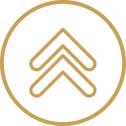 A black circular badge with three upward pointing gold chevrons inside, outlined by a gold circle.