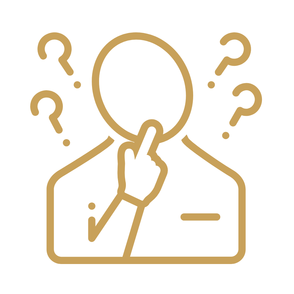 Outline of a person with a hand on their chin, surrounded by question marks, symbolizing thinking or questioning.