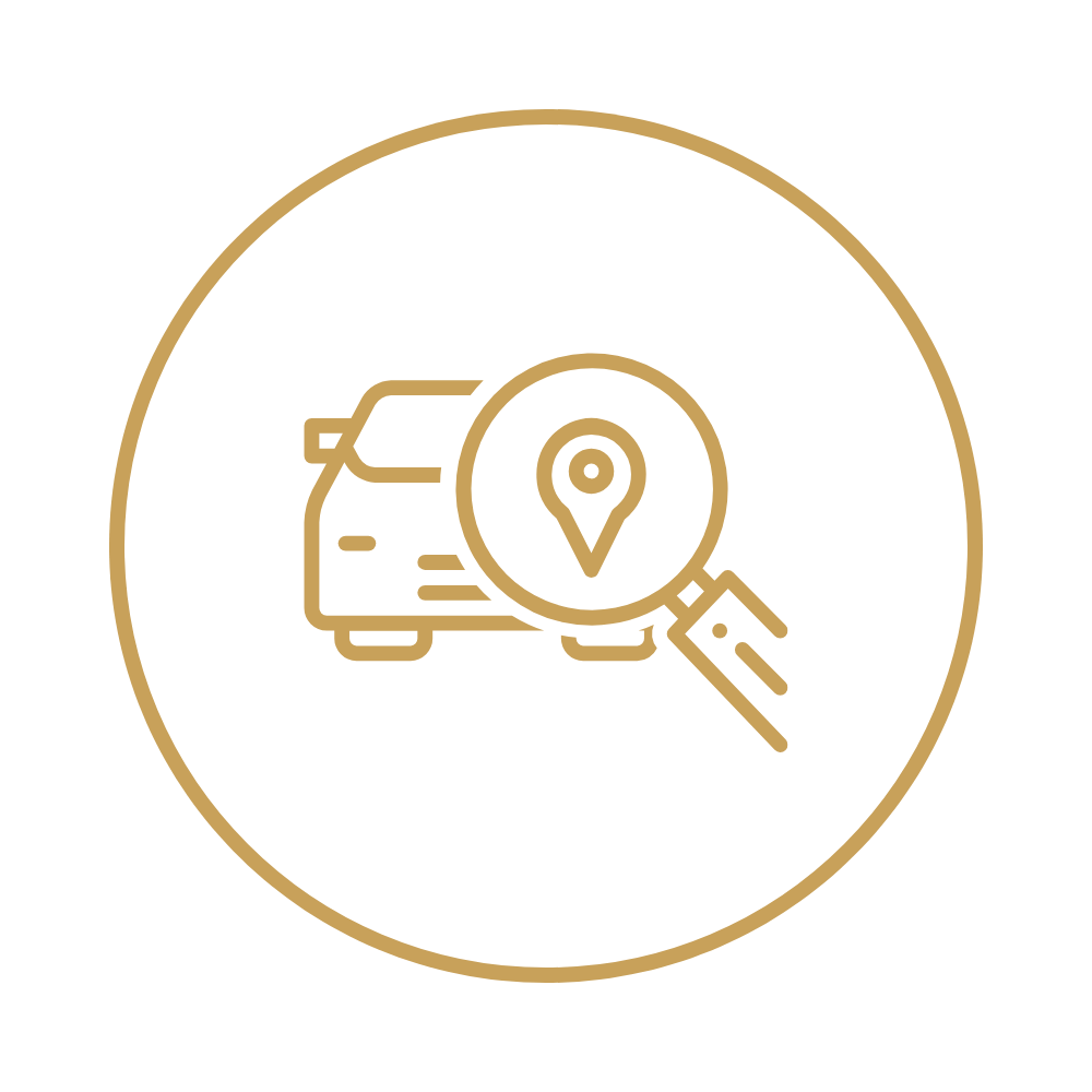 Icon of a car with a magnifying glass showing a location pin, representing vehicle location search or tracking.