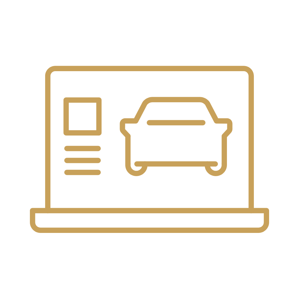 Outline illustration of a laptop displaying a car and other interface elements