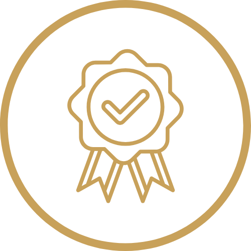 Golden badge with a checkmark inside a circle and ribbon, symbolizing certification or award.