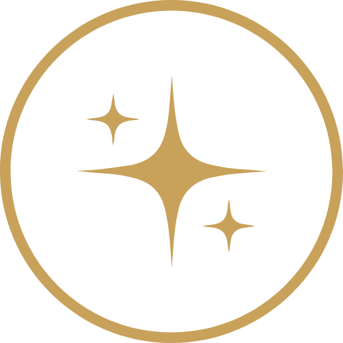 Icon of three gold stars inside a gold circle on a black background, representing the Elite logo.