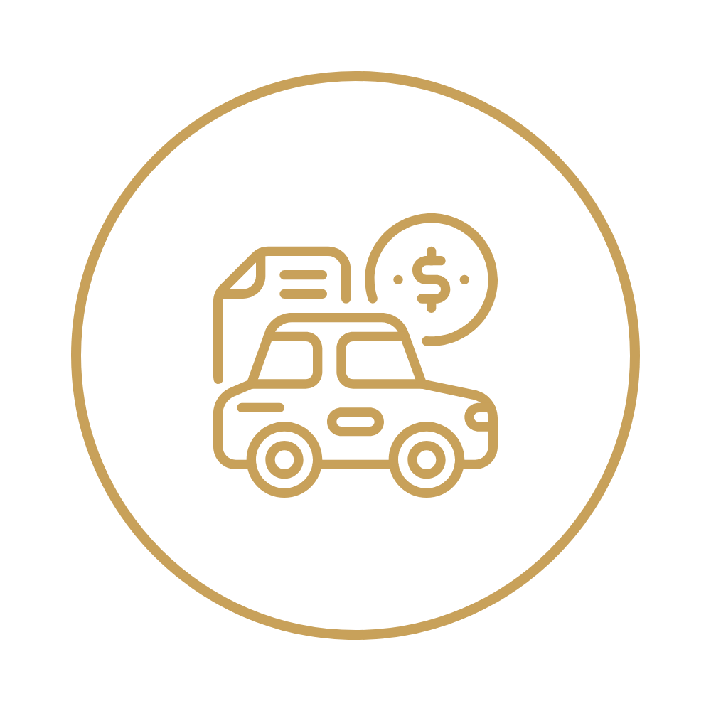 Icon of a car with a document and dollar sign, representing car payment or financing.