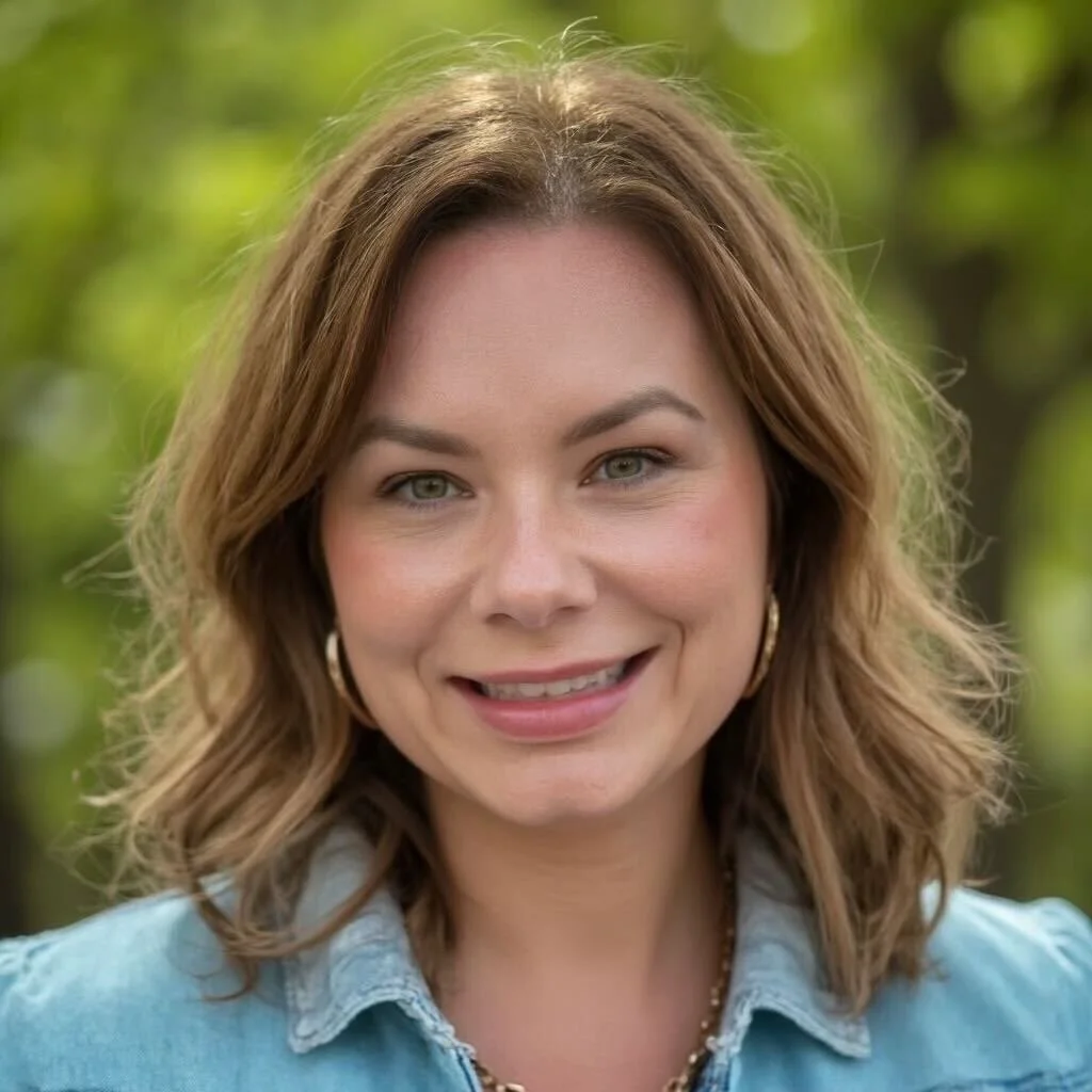 A woman with shoulder-length wavy brown hair, wearing hoop earrings and a light blue denim shirt, smiling outdoors with green trees in the background.