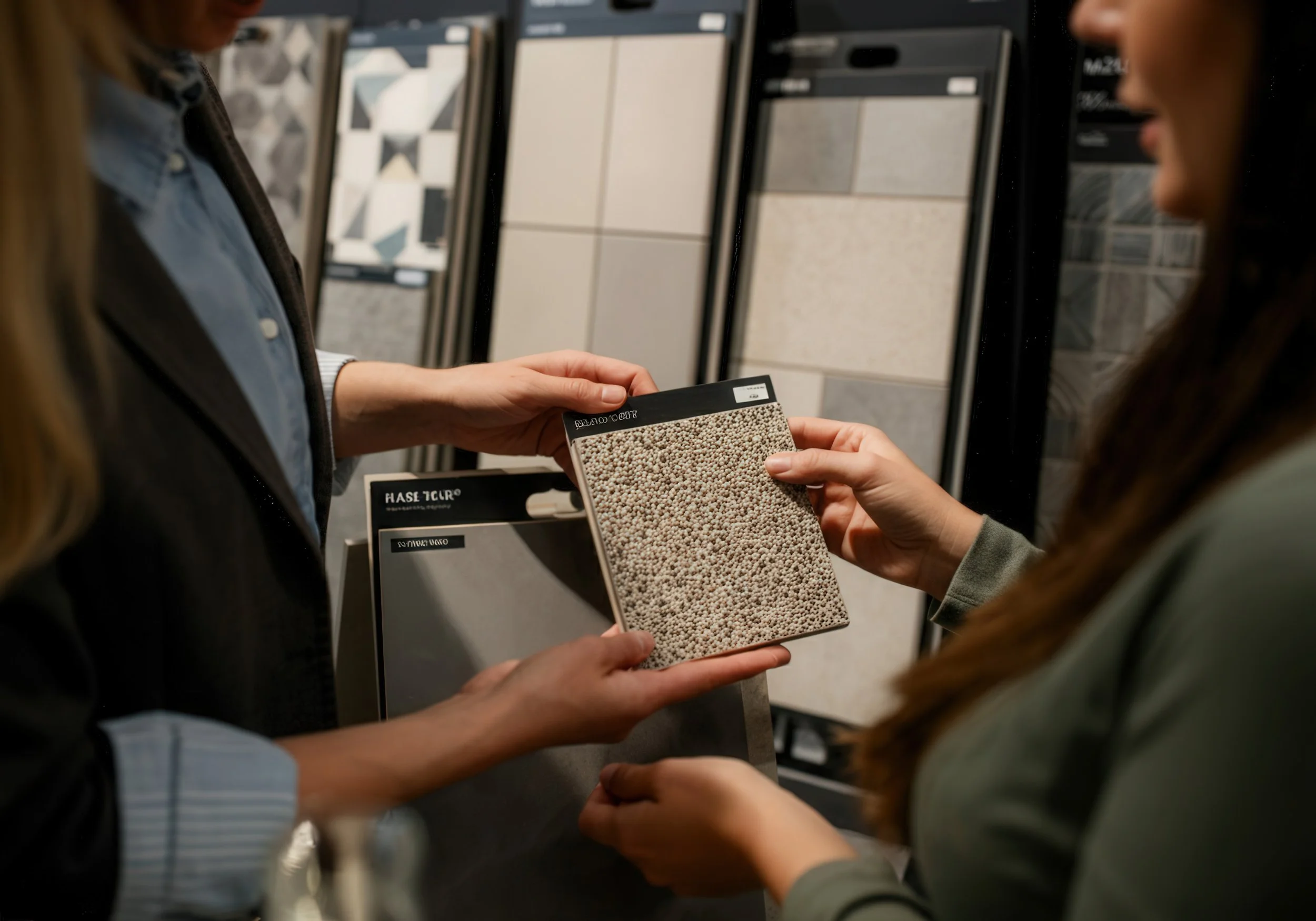 Two women are examining a sample tile at a flooring store, with various tile displays in the background.