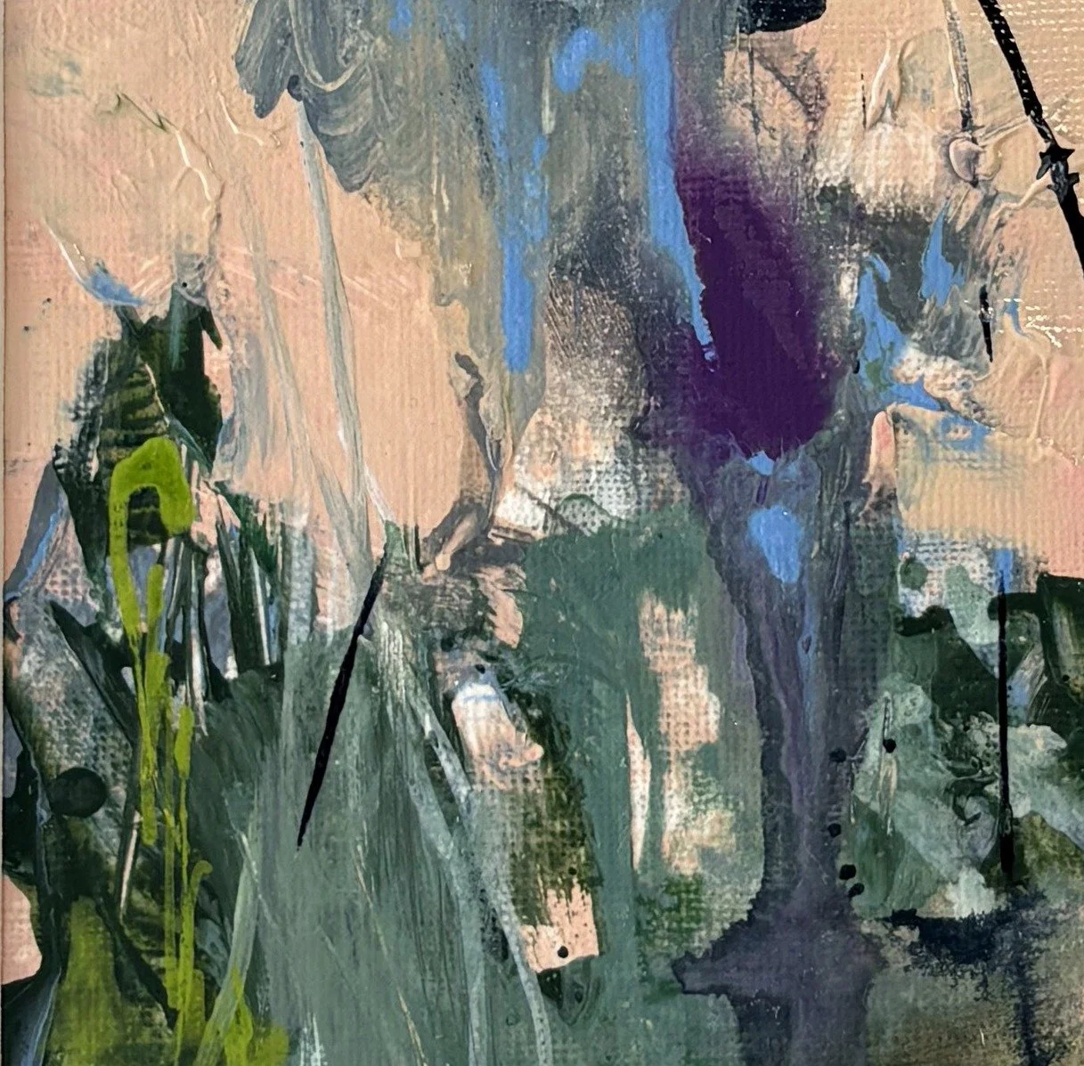 Abstract landscape with a peach sky, a violet drip and grey-green and lime marks