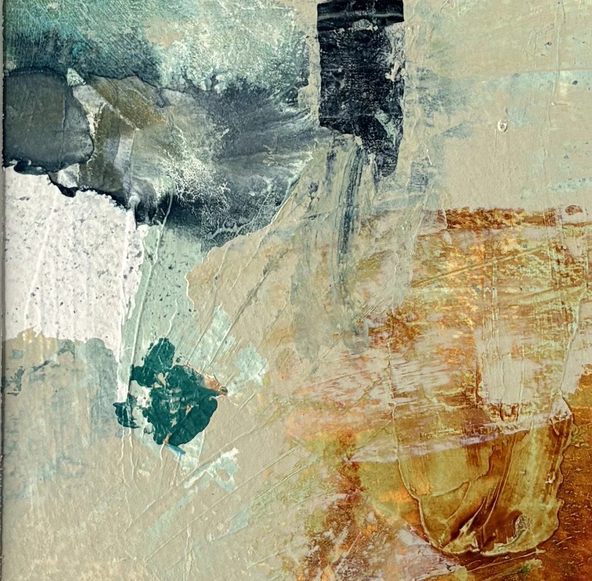 Abstract painting with teal and slate, a white block and rust and ochre below