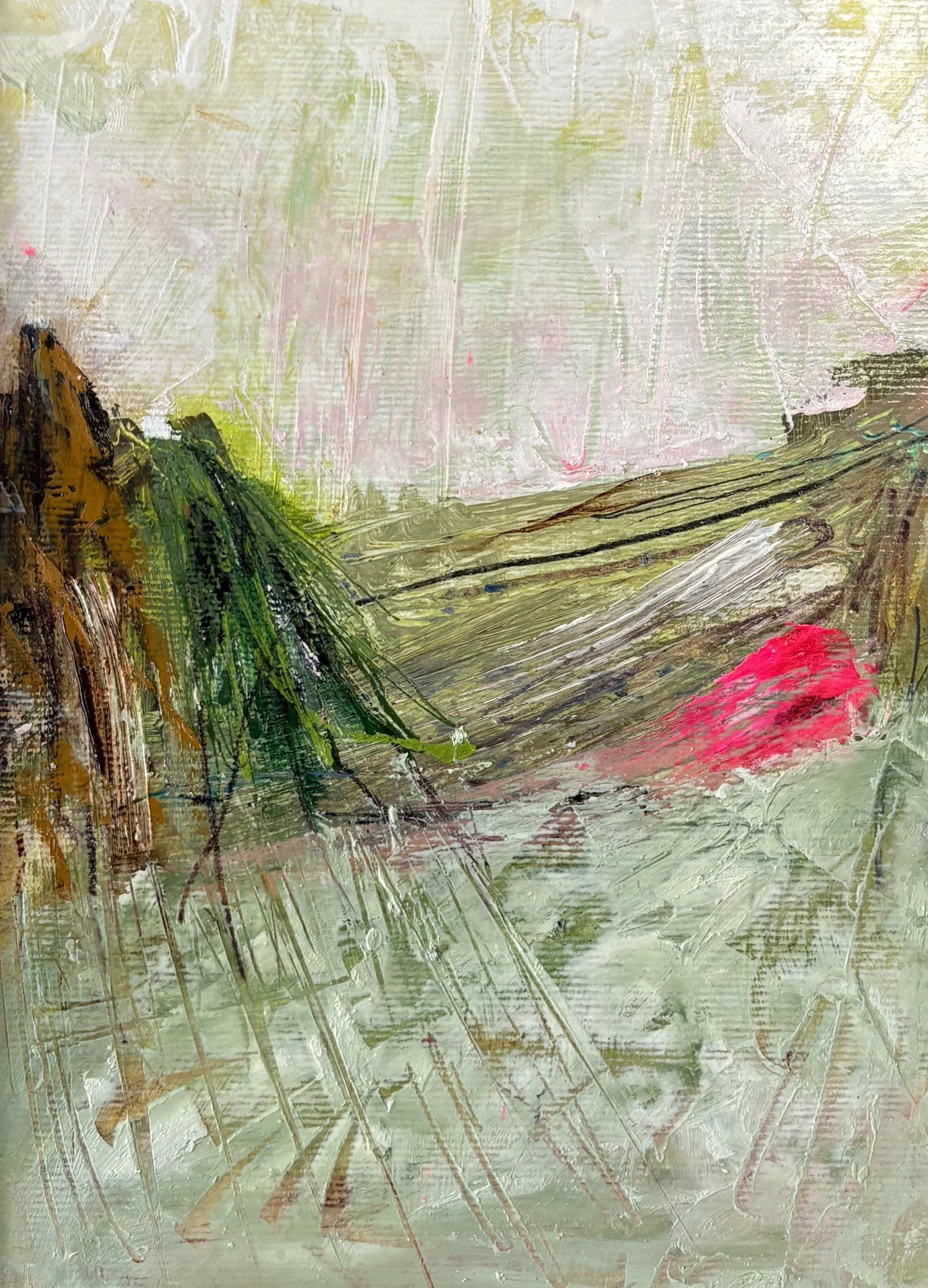 Abstract landscape in sage and cream with drawn lines and a patch of hot pink