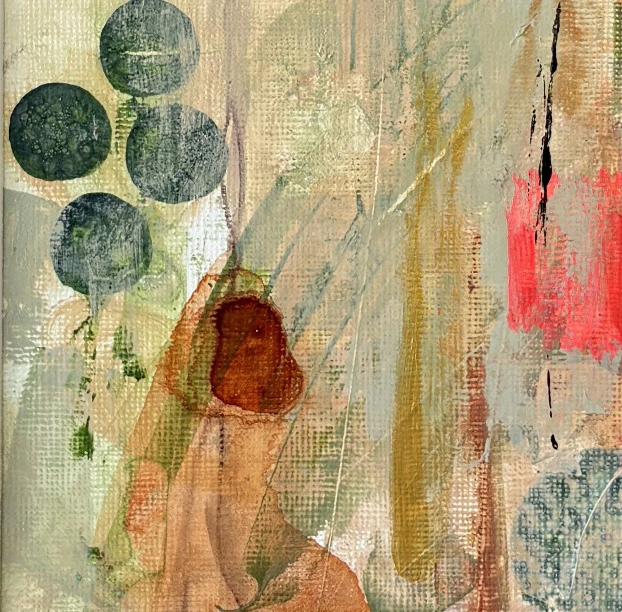 Abstract painting with dark green circles, a brown drip and a coral bar
