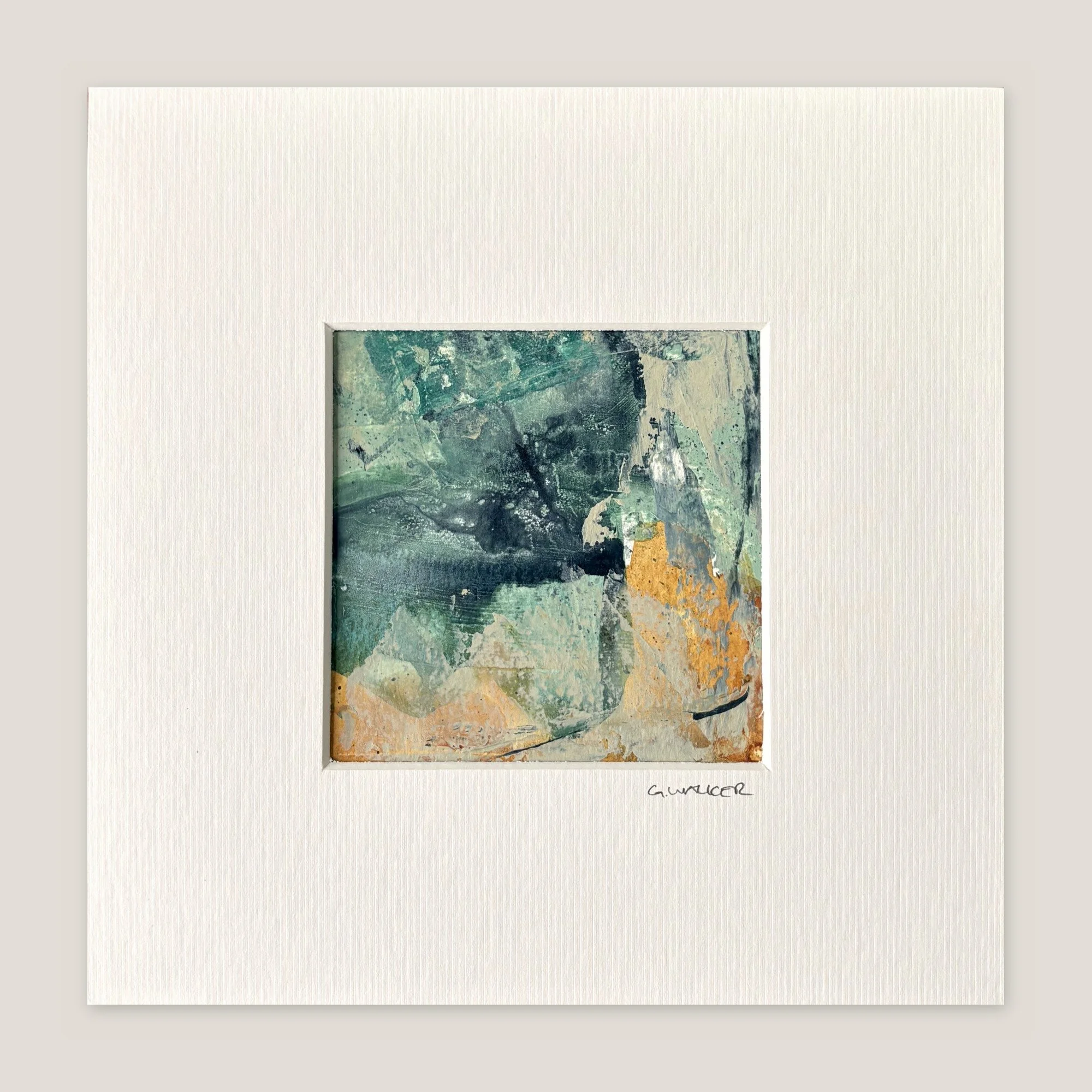 Abstract painting with deep teal and navy over pale sage and a strip of gold, window-mounted