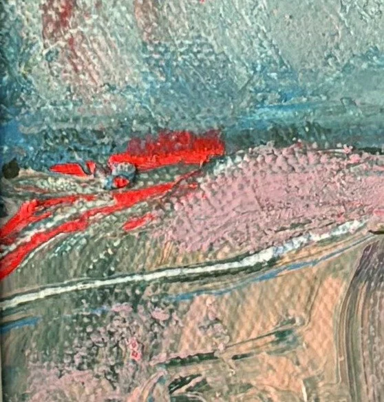 Mini abstract painting in pink and teal with neon red and a white line