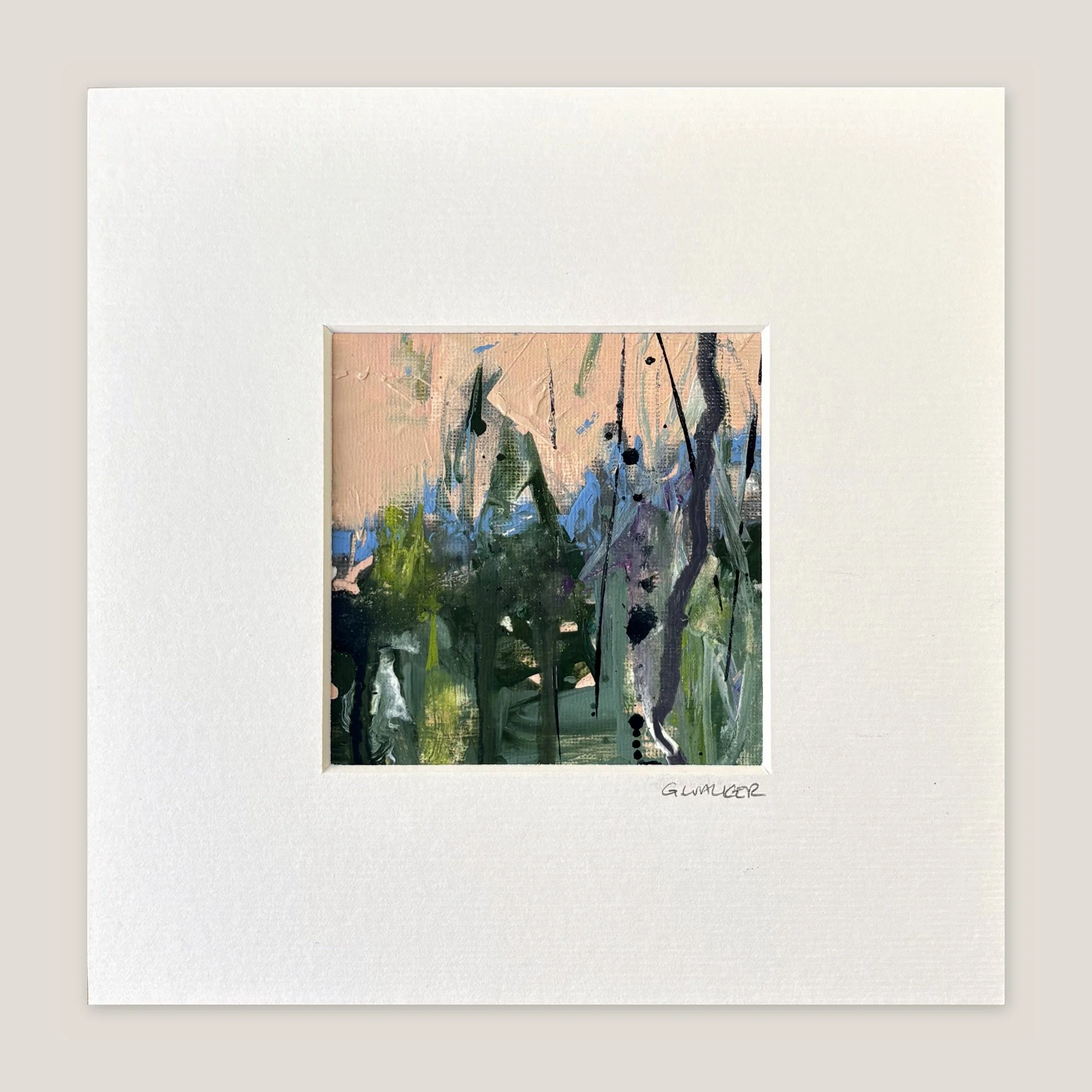Abstract landscape with a dense dark green band under a peach sky and ink drips, window-mounted