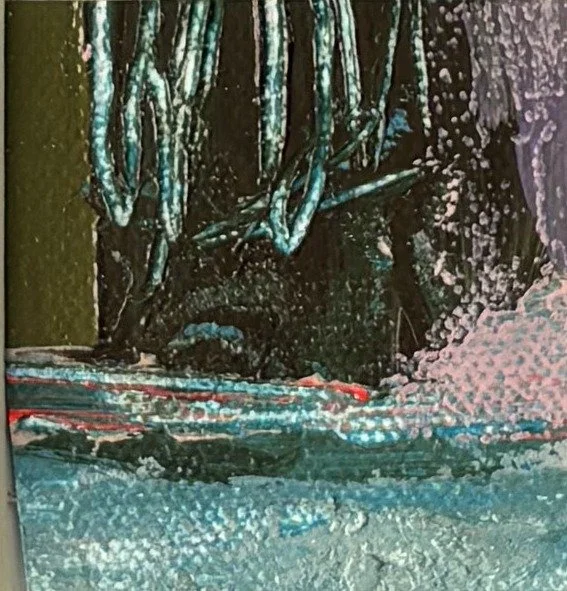 Mini abstract painting in black and teal with looped lines and a thin red horizon