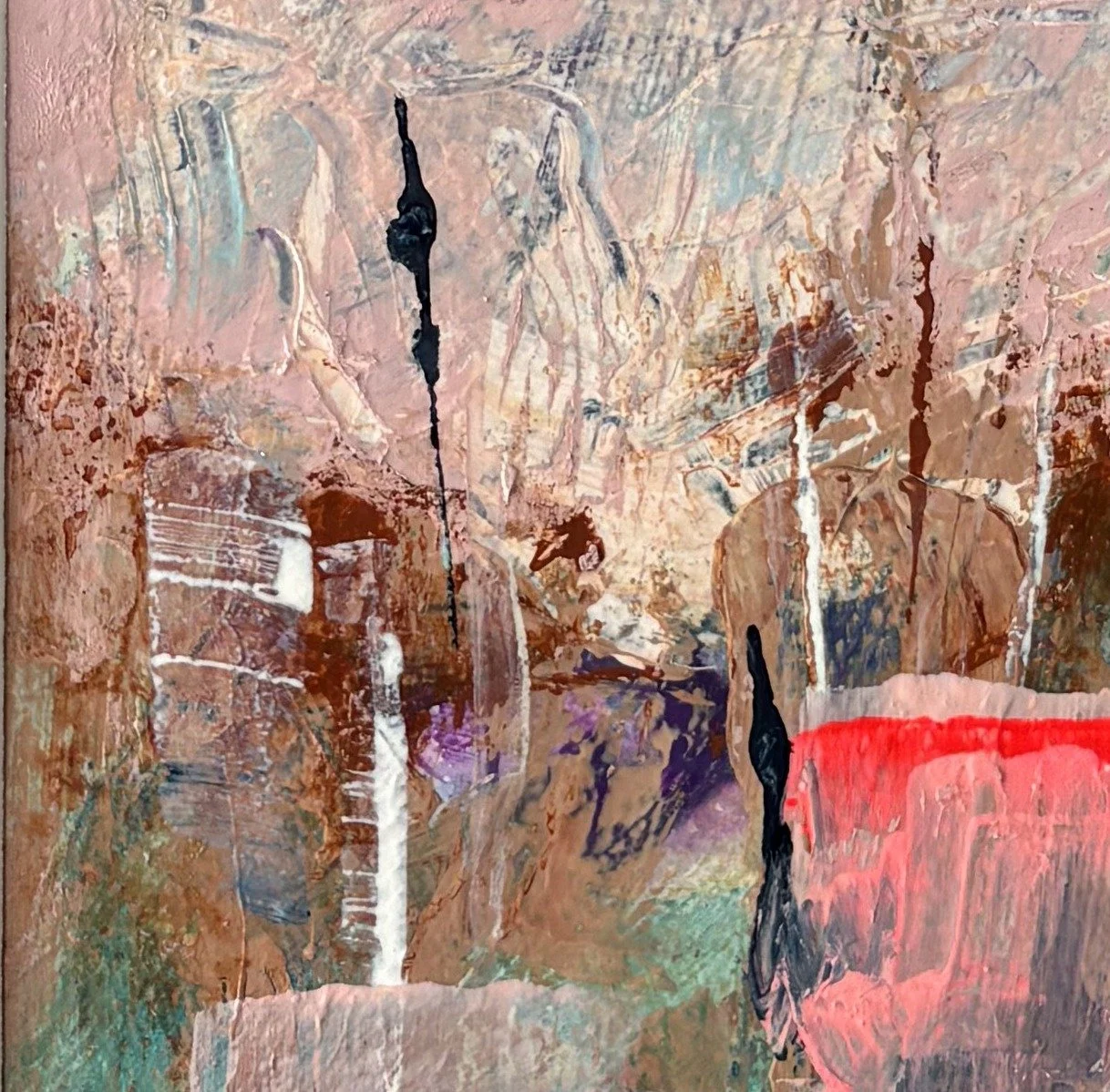 Abstract painting in dusty pink with thin black upright marks and a neon red block