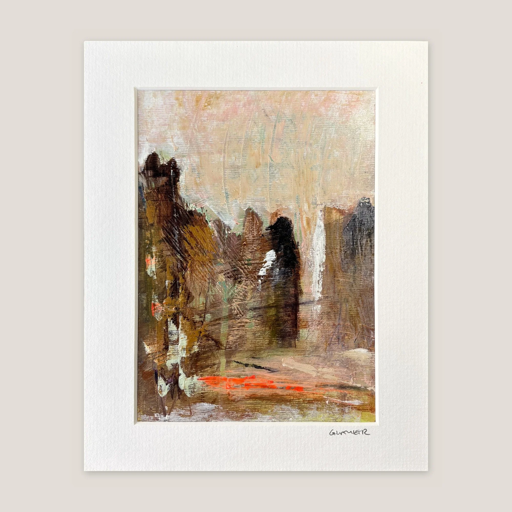 Abstract painting of brown towers under a peach sky with an orange-red line below, window-mounted