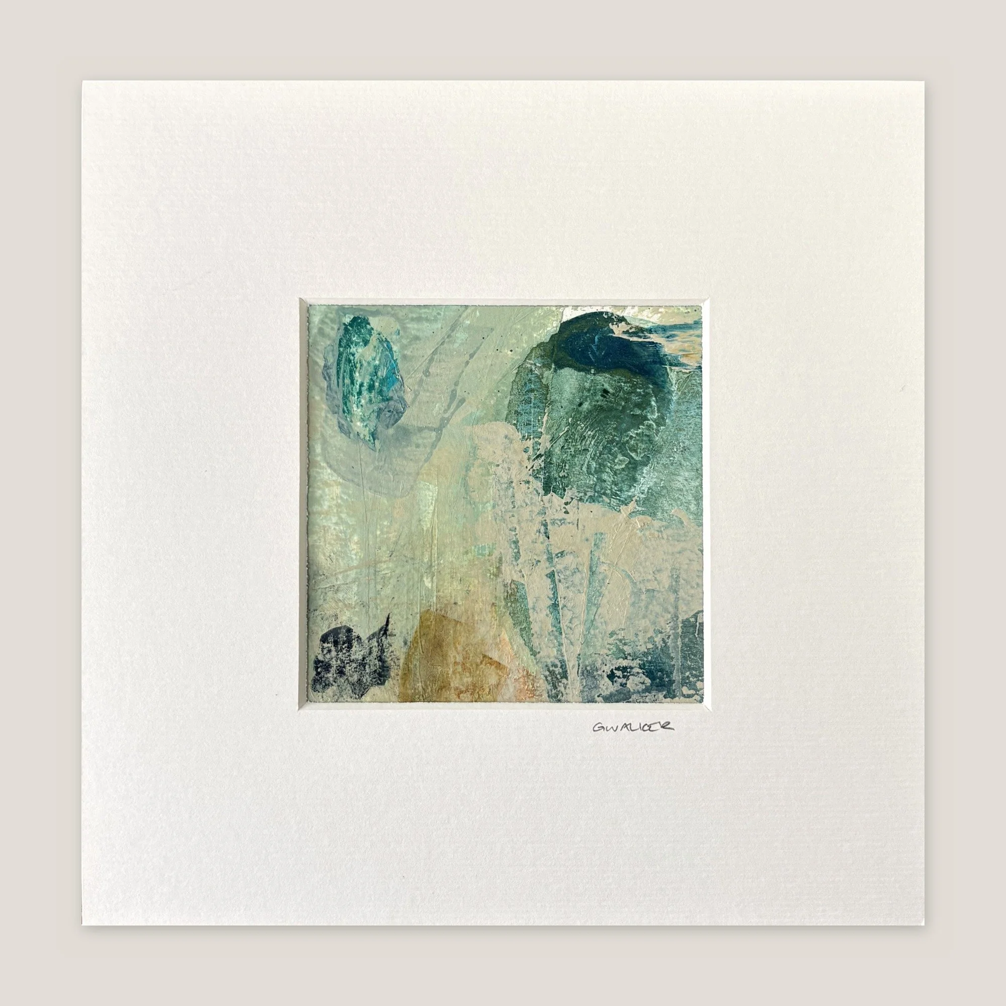 Abstract painting in pale sage and cream with teal shapes and a touch of ochre, window-mounted