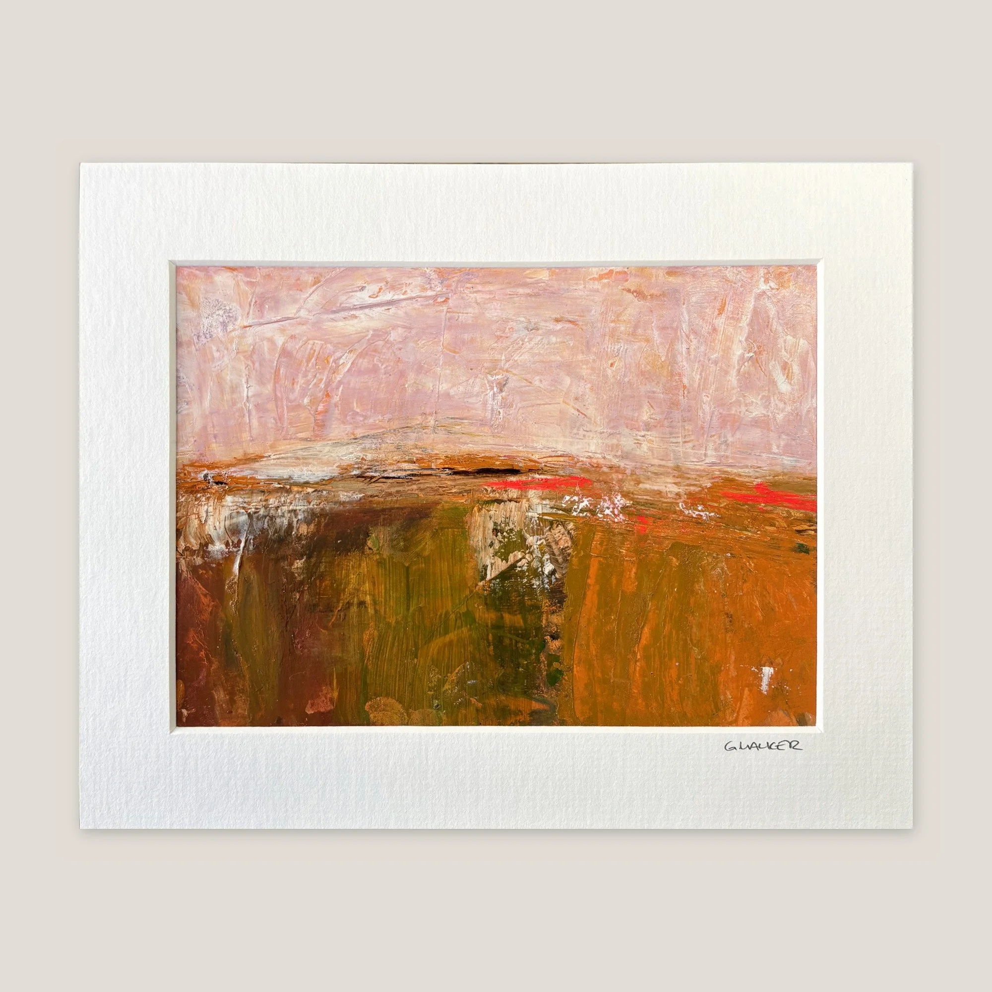 Abstract landscape with a blush pink sky over burnt orange fields and red flecks, window-mounted