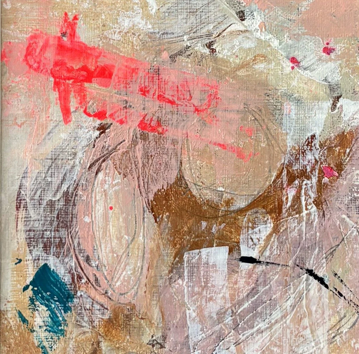Abstract painting with scratched neon red, rust-brown and a swipe of teal