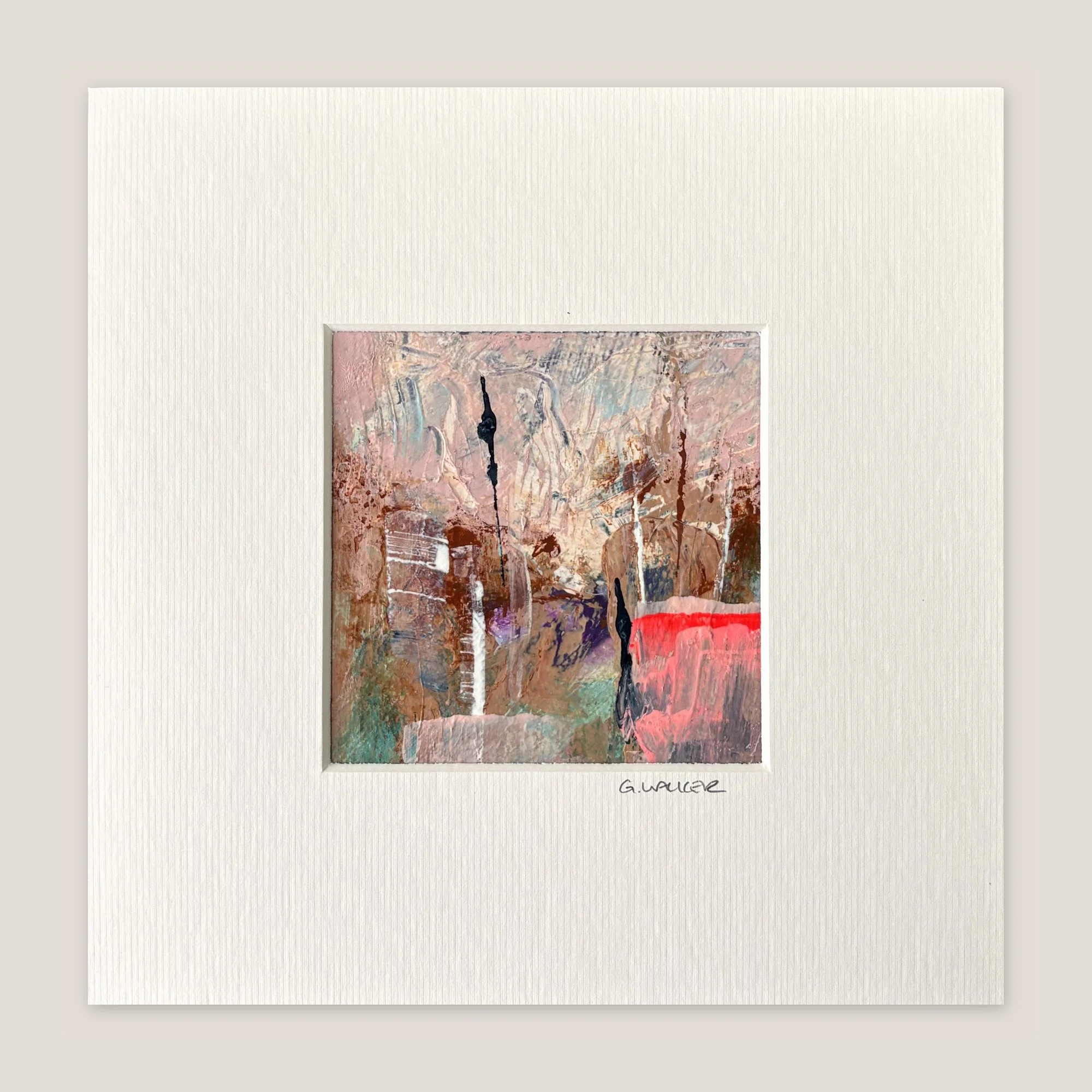 Abstract painting in dusty pink with thin black upright marks and a neon red block, window-mounted
