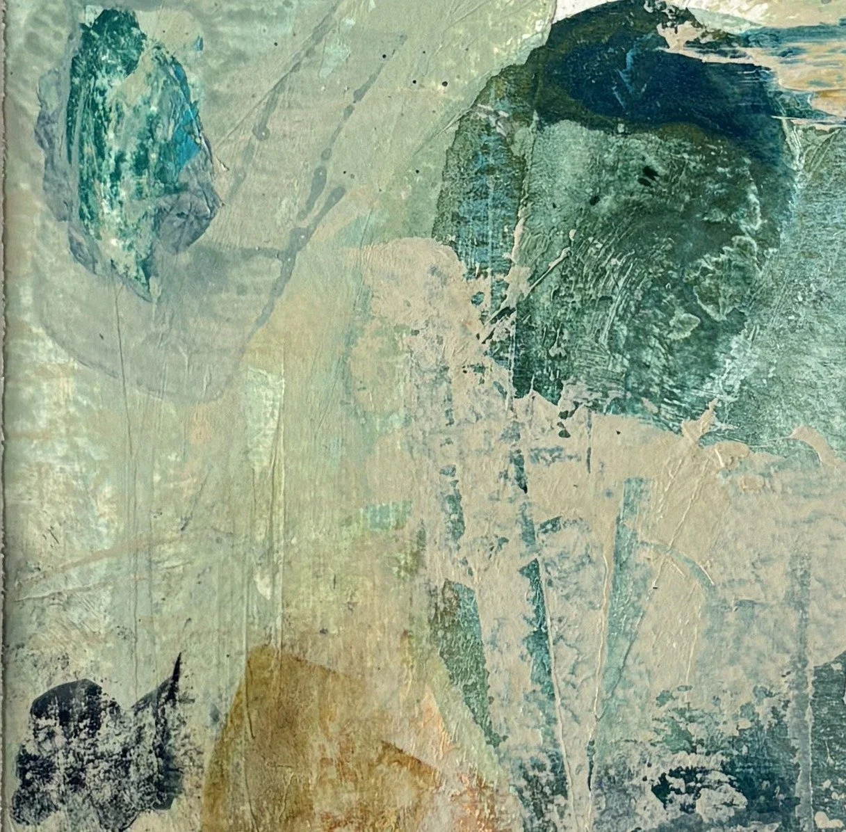 Abstract painting in pale sage and cream with teal shapes and a touch of ochre