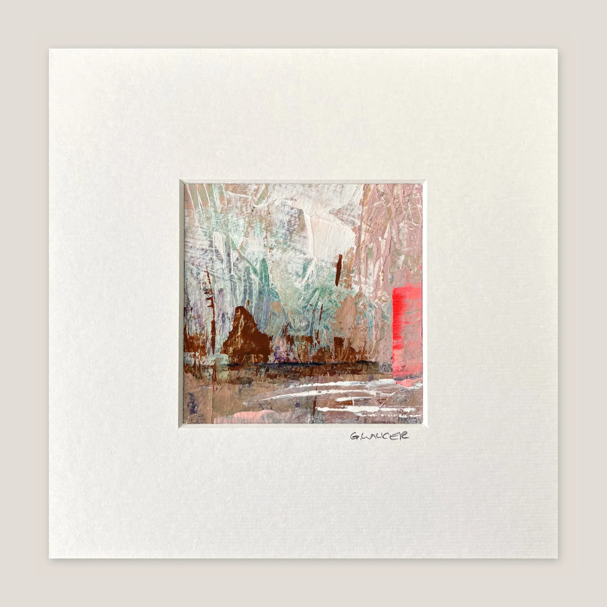 Abstract painting in dusty pink and green with a rust shape and a neon red bar, window-mounted