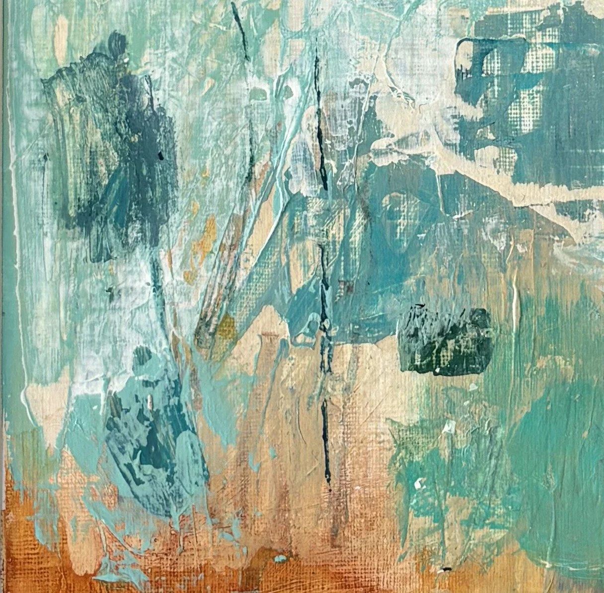 Abstract painting in aqua and teal with dark blocks and a rust strip at the bottom