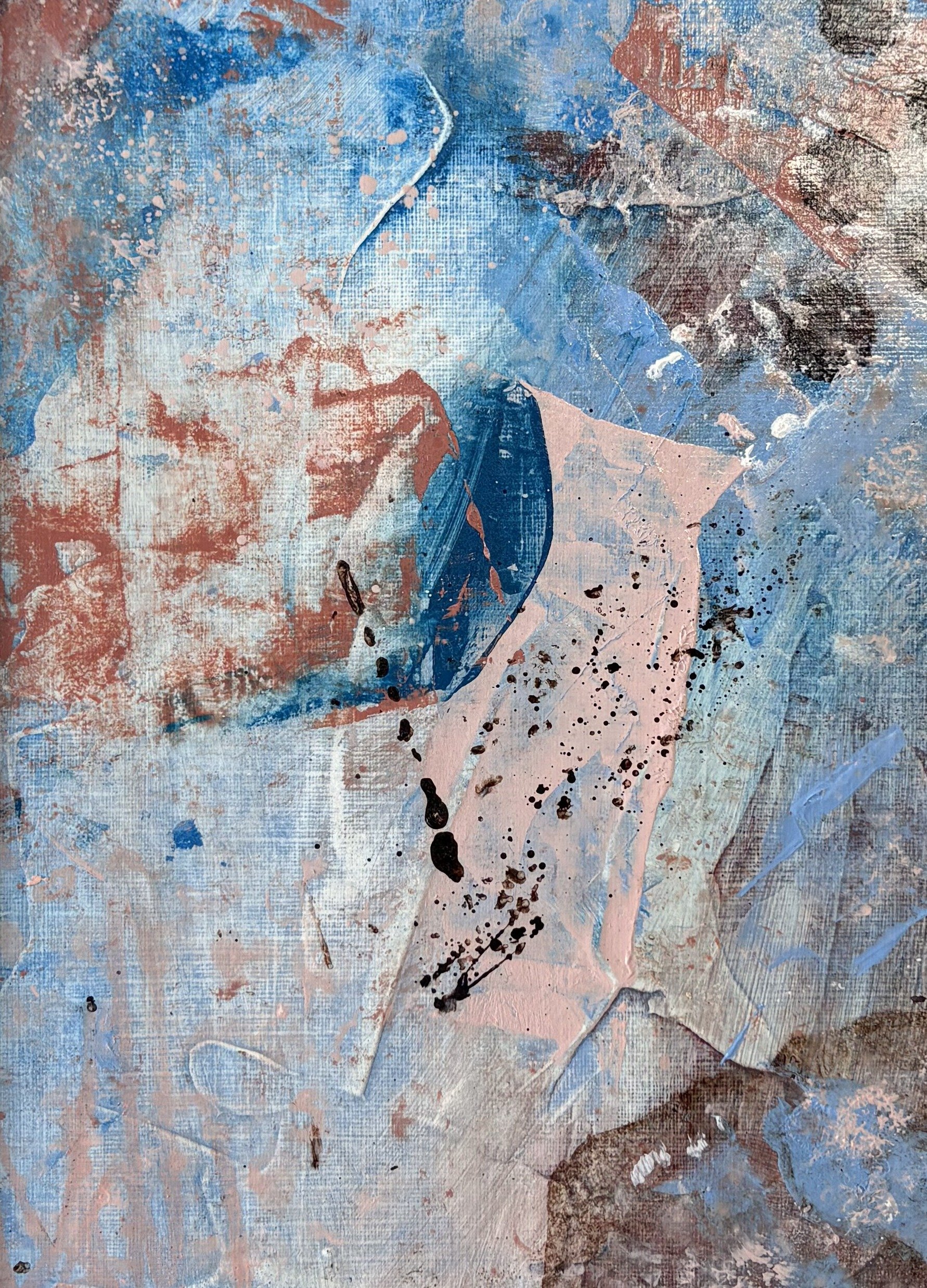 Abstract painting in chalky blue with rust patches, pale pink and black ink spatter