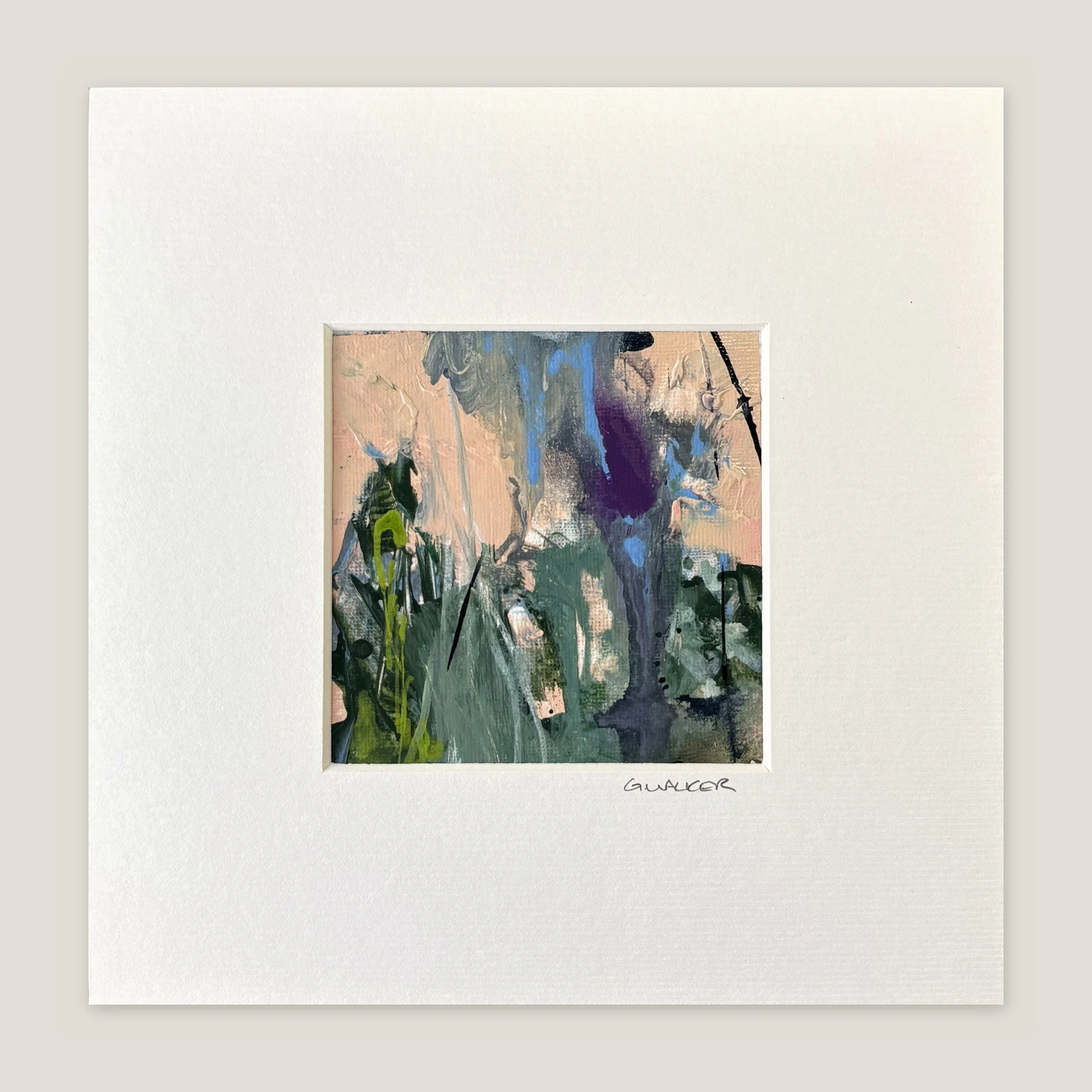 Abstract landscape with a peach sky, a violet drip and grey-green and lime marks, window-mounted