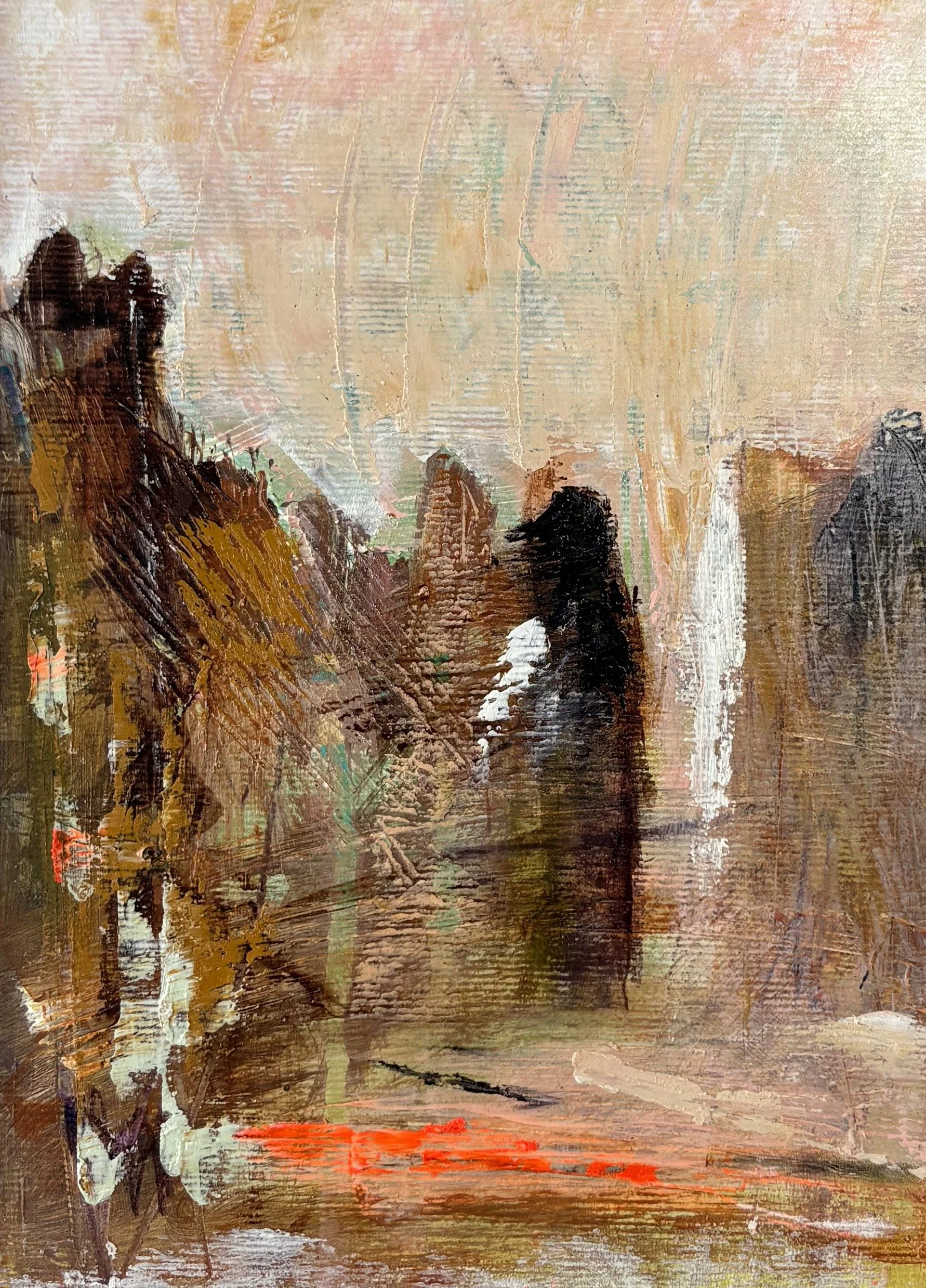 Abstract painting of brown towers under a peach sky with an orange-red line below