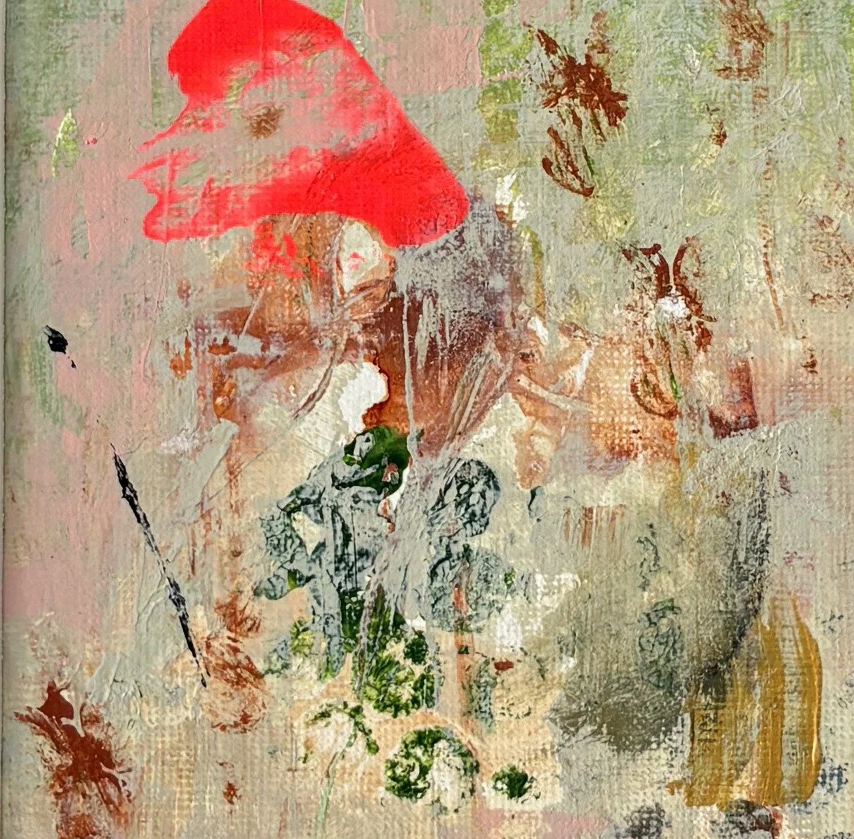 Abstract painting with neon red at the top over rust and moss green speckles