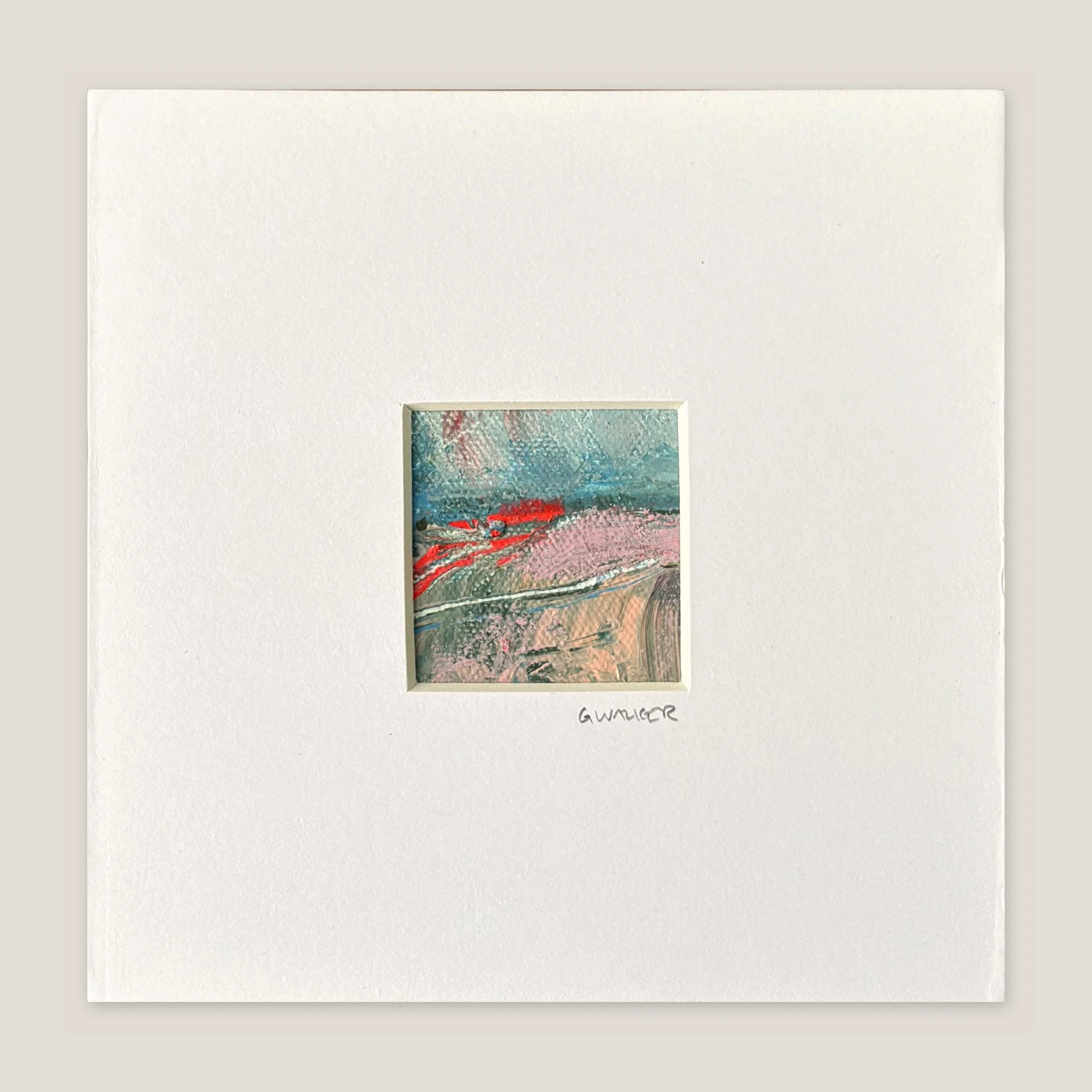 Mini abstract painting in pink and teal with neon red and a white line, window-mounted