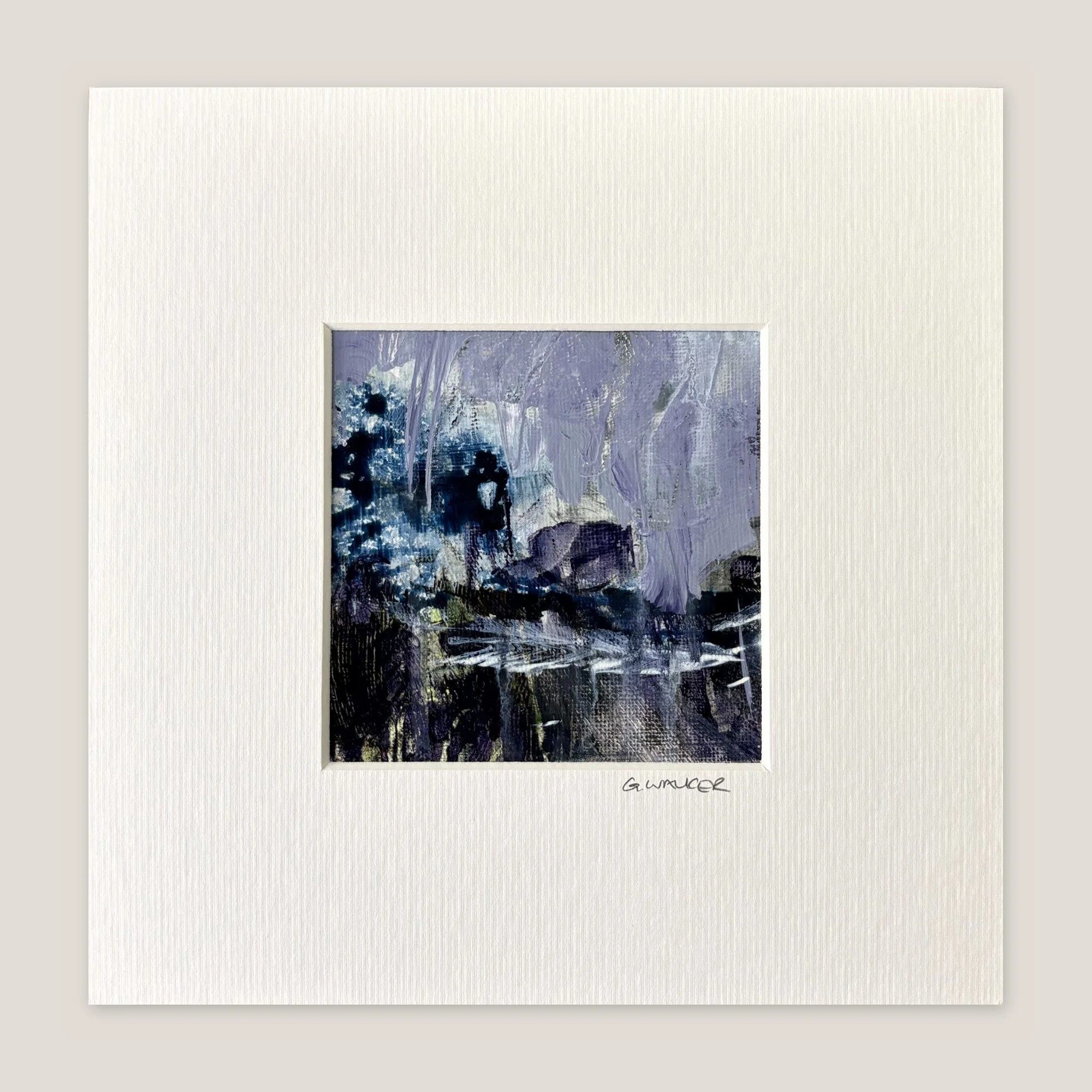 Abstract seascape in lavender and navy with white streaks across the water, window-mounted