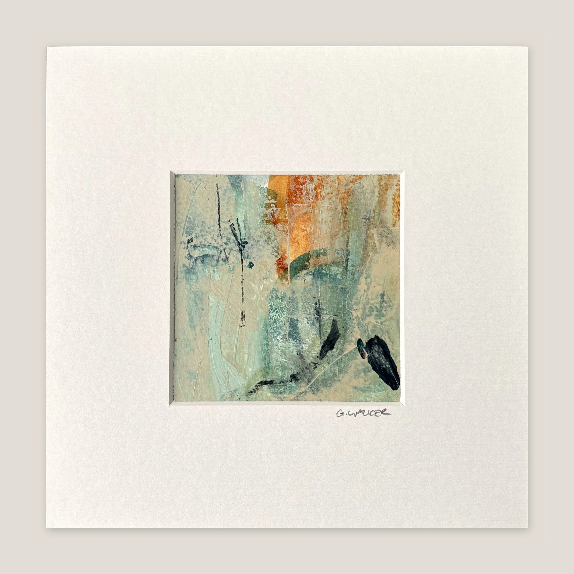 Pale sage abstract painting with a burnt orange stripe and small dark marks, window-mounted