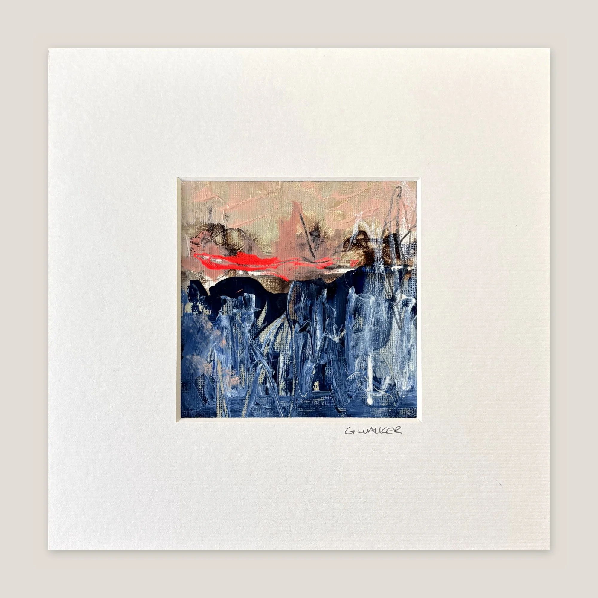 Abstract seascape with a flat dark horizon, scratched blue sea and a red streak, window-mounted