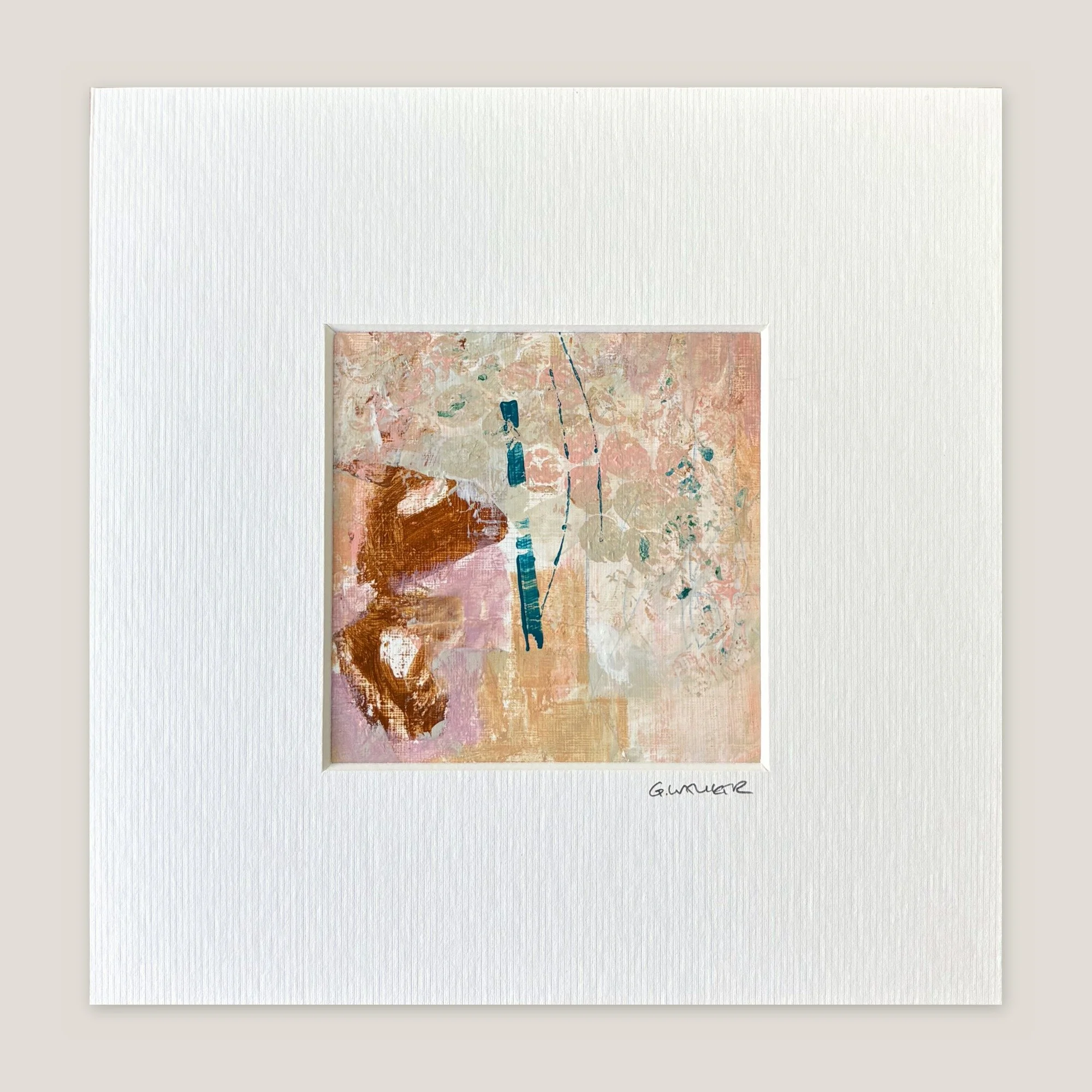 Pale blush abstract painting with a rust-brown shape and a thin teal line, window-mounted