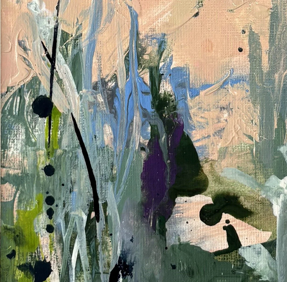 Abstract landscape in peach and grey-green with purple, lime and black ink drips