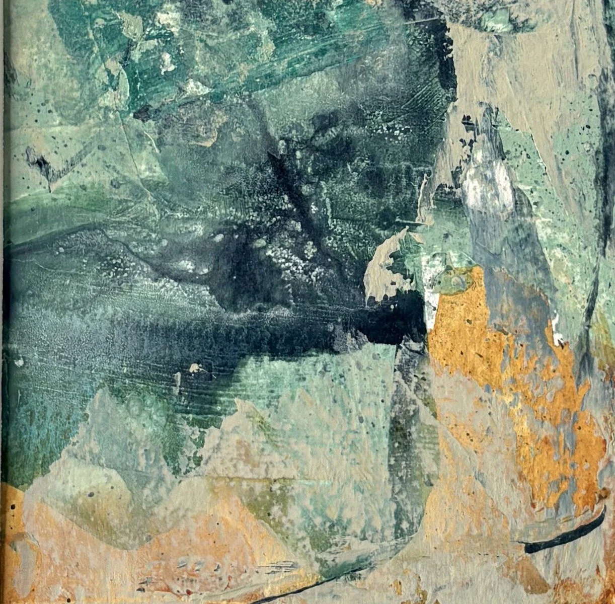Abstract painting with deep teal and navy over pale sage and a strip of gold