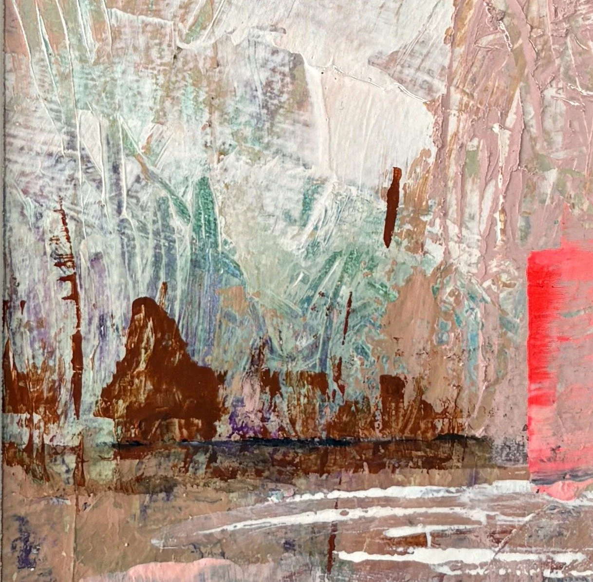 Abstract painting in dusty pink and green with a rust shape and a neon red bar