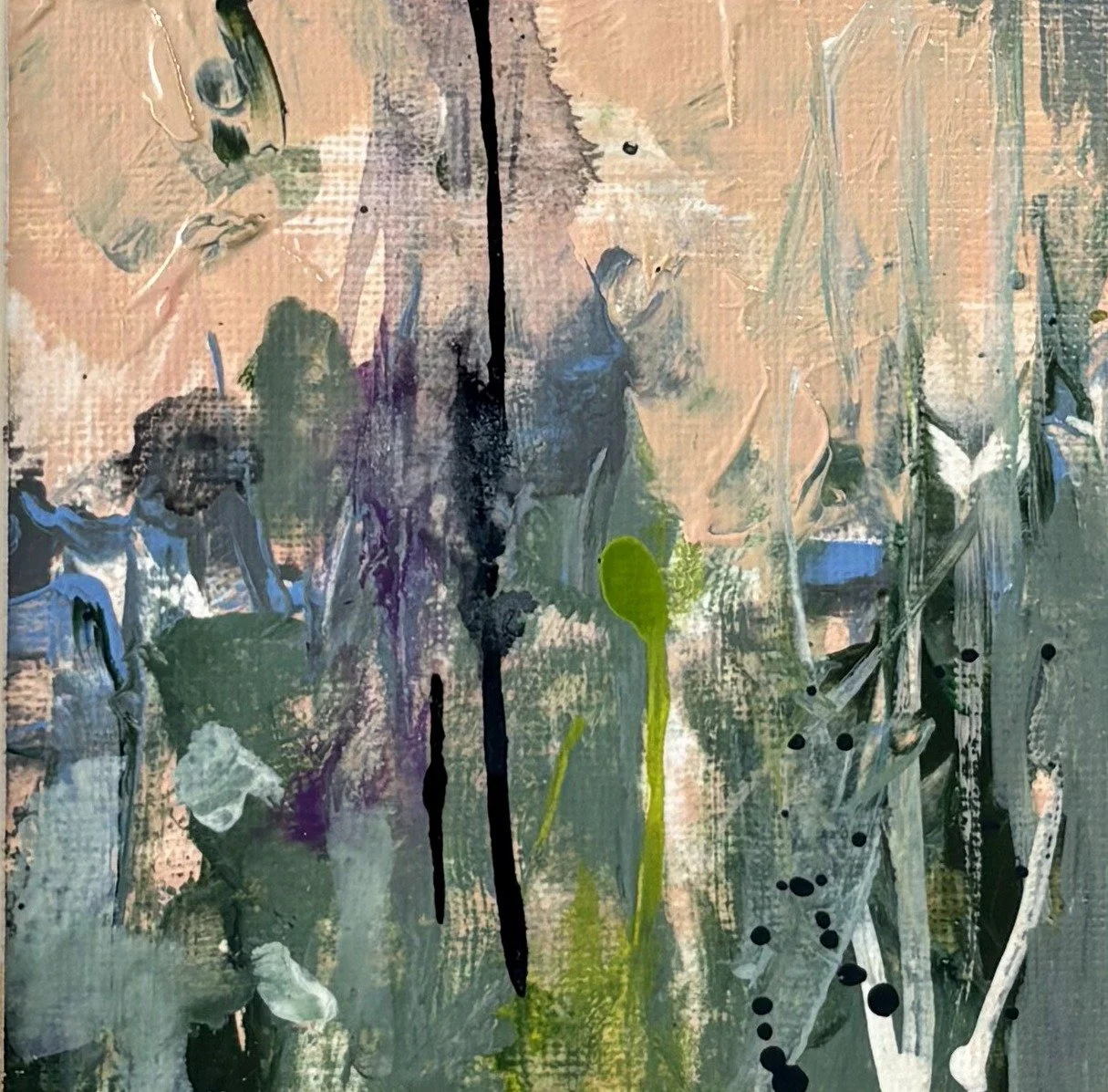 Abstract landscape in peach and grey-green with long black lines and blue patches