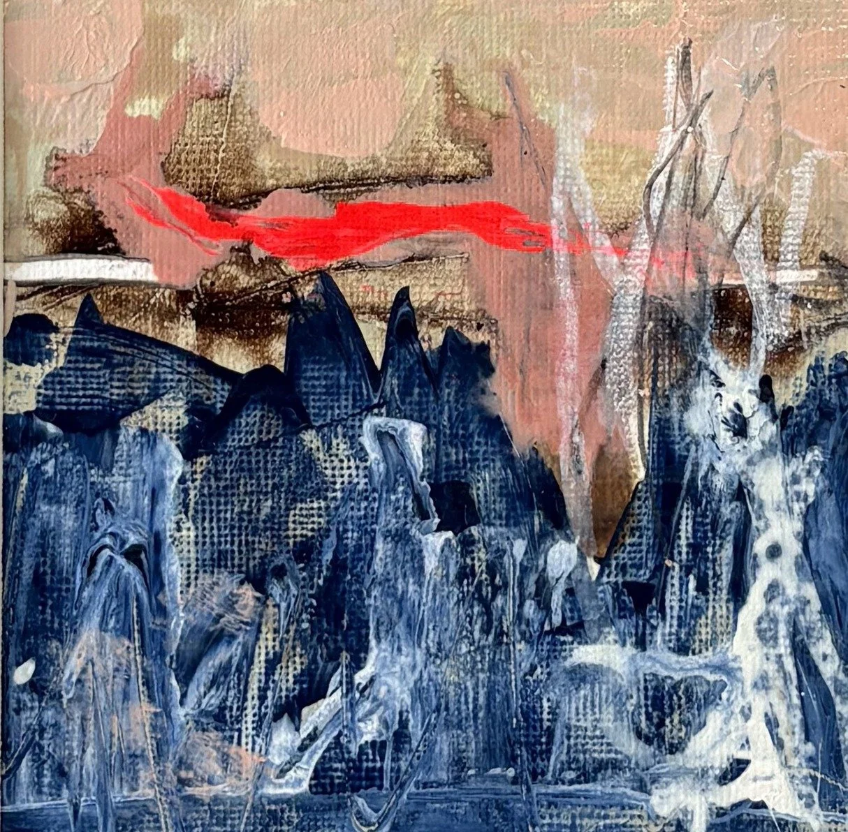 Abstract seascape with jagged navy and white waves under a pink sky and a red streak