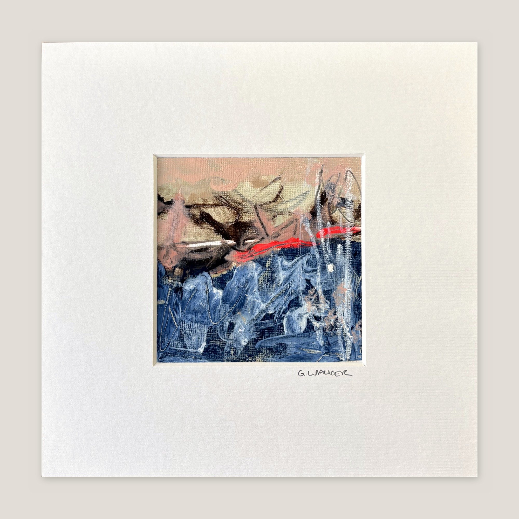 Abstract seascape with a dark oil stick band, blue sea and a neon red streak, window-mounted