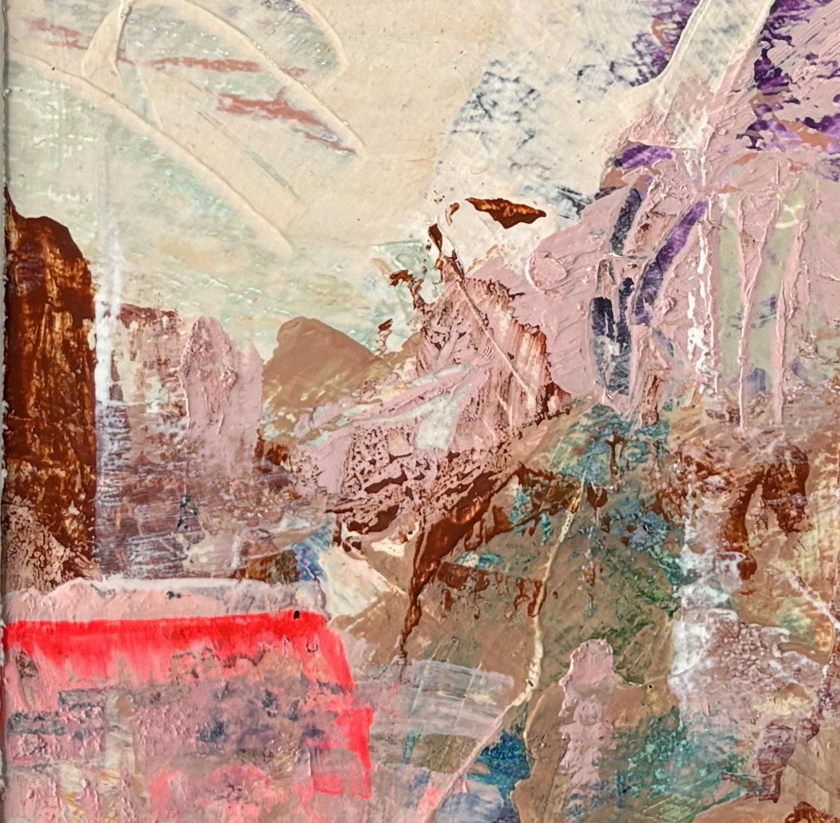 Abstract painting with a pale sky, rust-brown block and a neon red band along the bottom